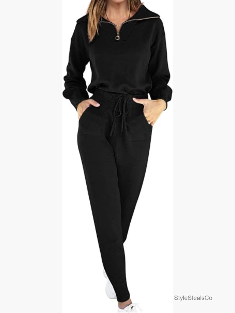Two Piece Lounge Set Zip Up Knit Pullover Jogger Pants Tracksuit Travel